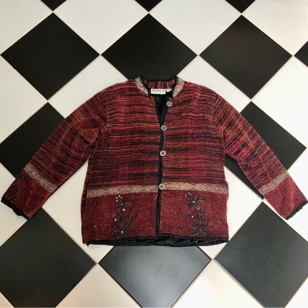 Vintage 90s Flashback Tapestry Jacket Velvet Blazer Ribbed Sequin Embroidered L
